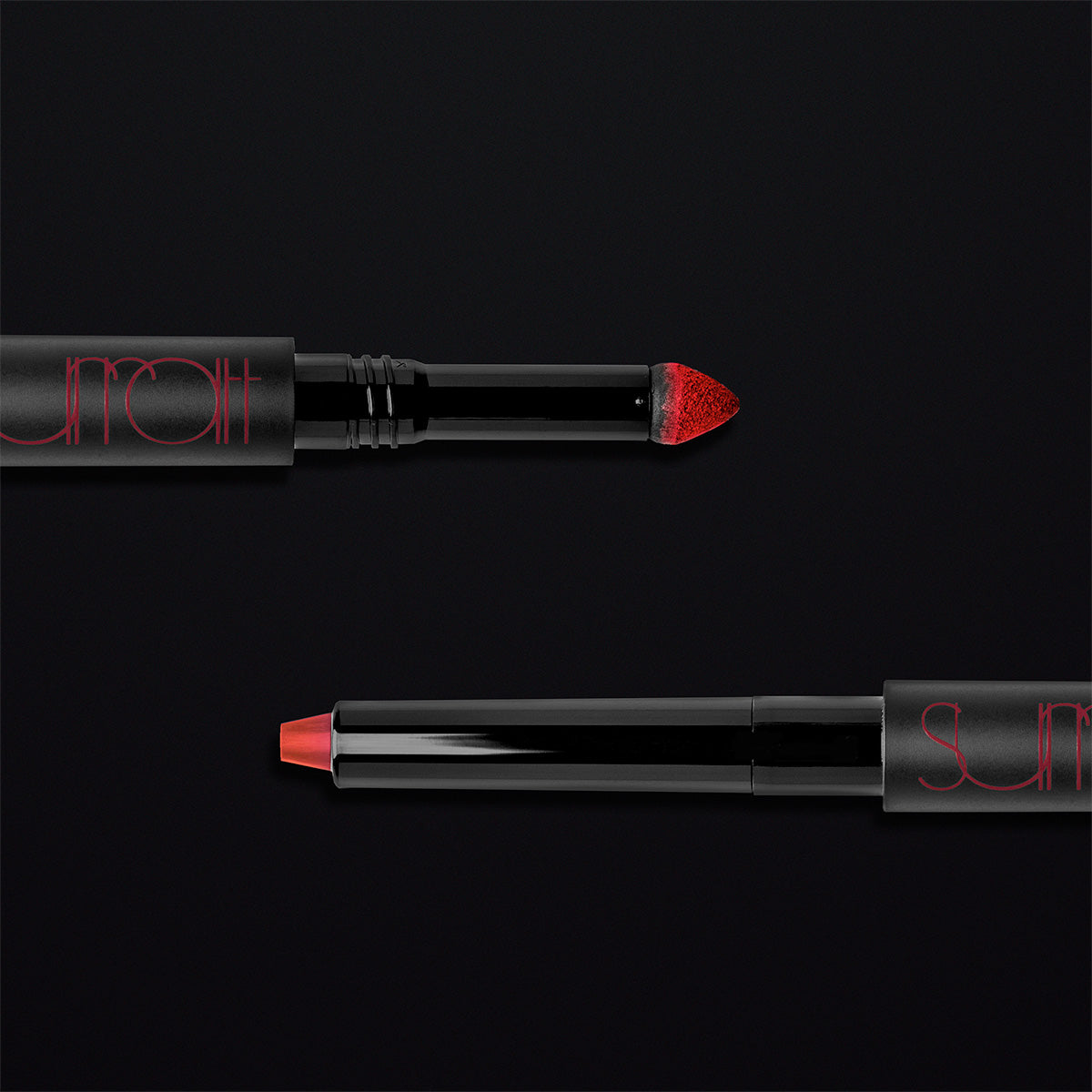 GALOCHER - BLUE RED - dual-ended lip baton with creamy lipstick pencil in blue red and matching mattifying pigment lip powder in blue red shade product image of both ends