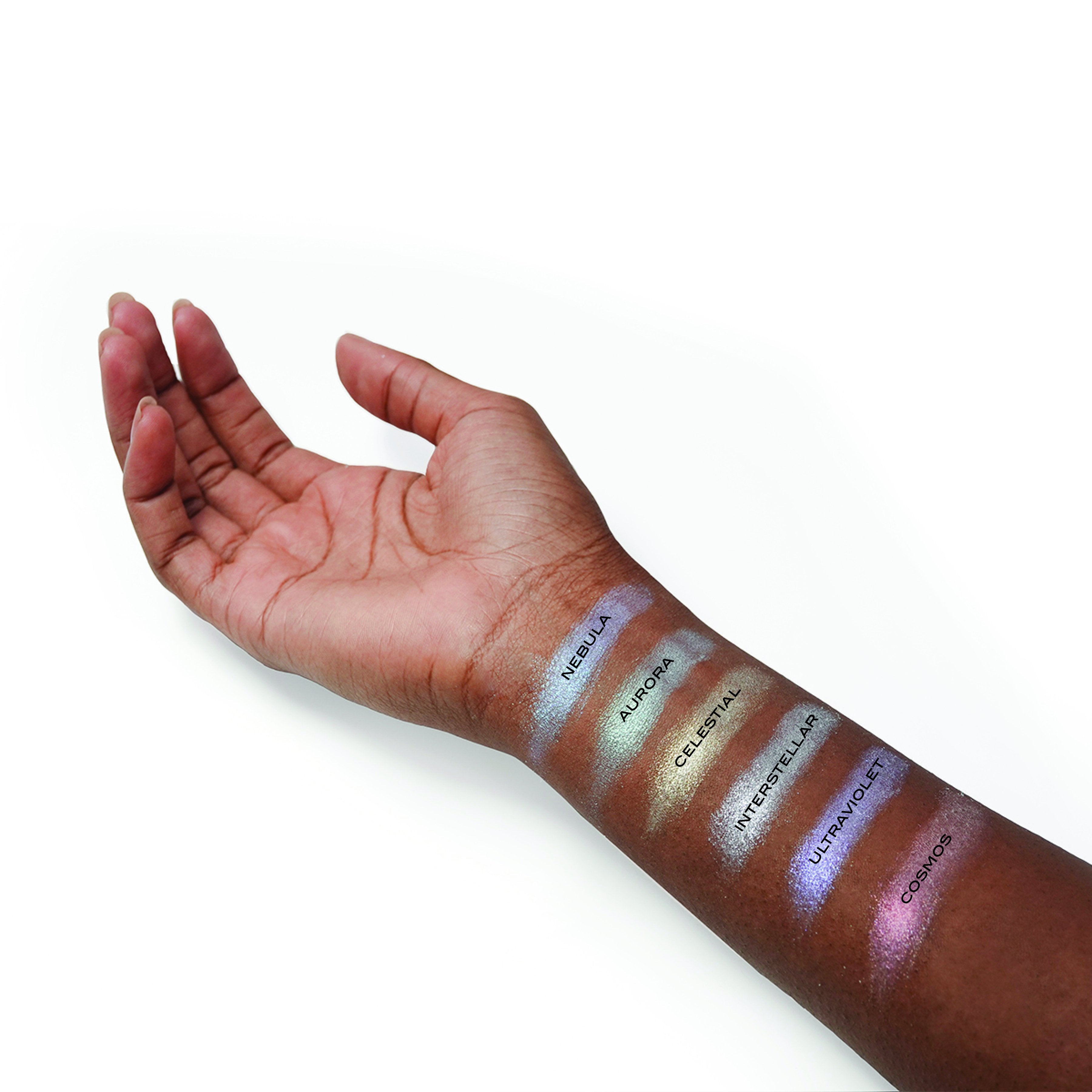 LIGHT MATTER - TAUPE CREAM EYESHADOW- Swatches showing peachy-taupe cream shadow topped with our twinkling halogram shadows 1