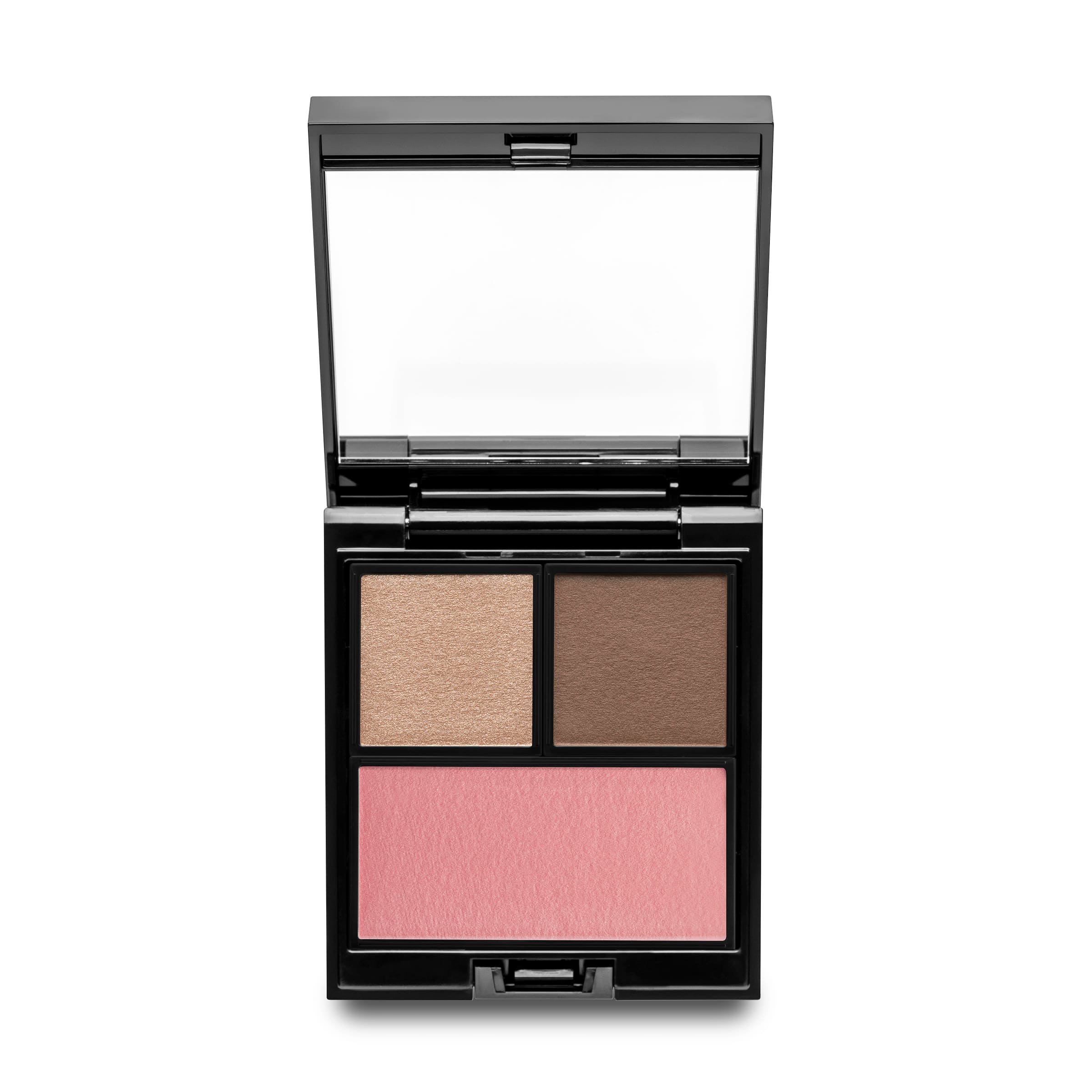 Nus Sublimes pre-filled eye and cheek palette. Two eyeshadows, Zibeline (shimmering taupe) and Truffe (matte brown) with one blush, La Vie En Rose (satiny rosy-taupe), in a petite compact.