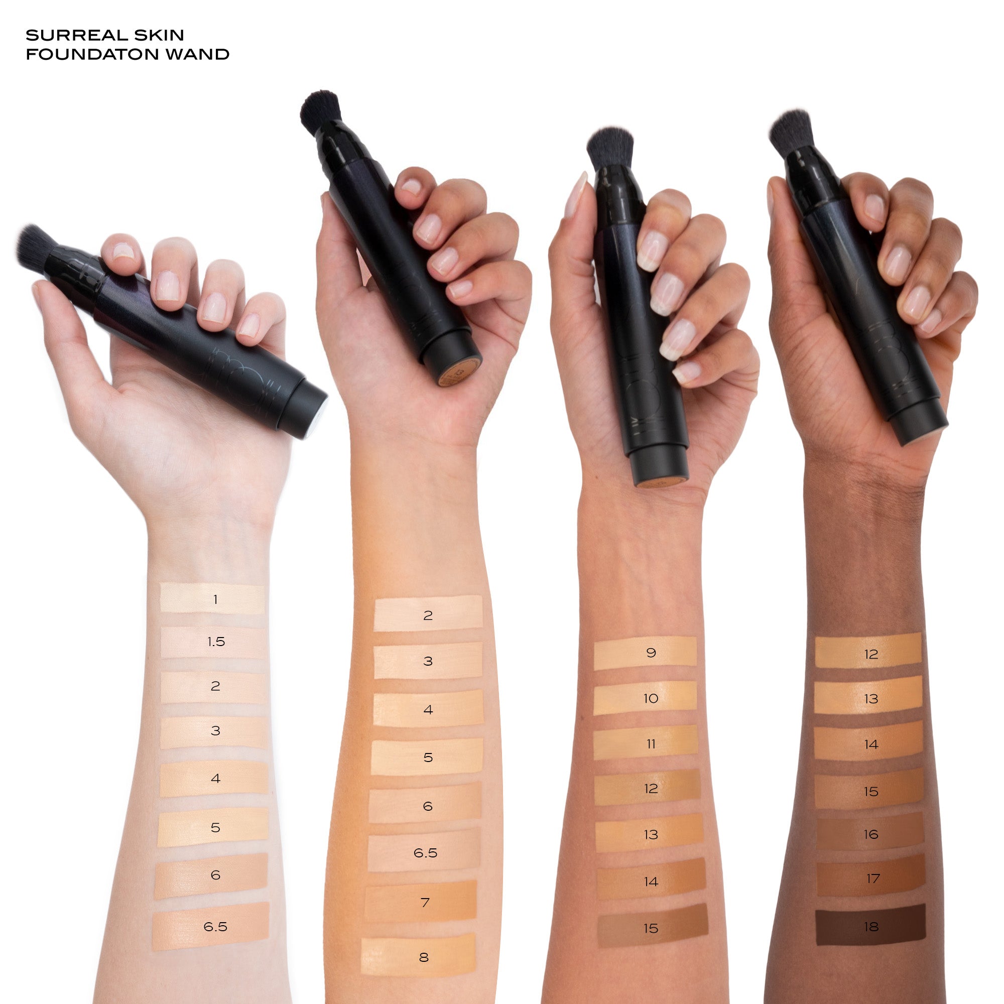 ALLVAR - surreal skin foundation wand swatches on various skin tones