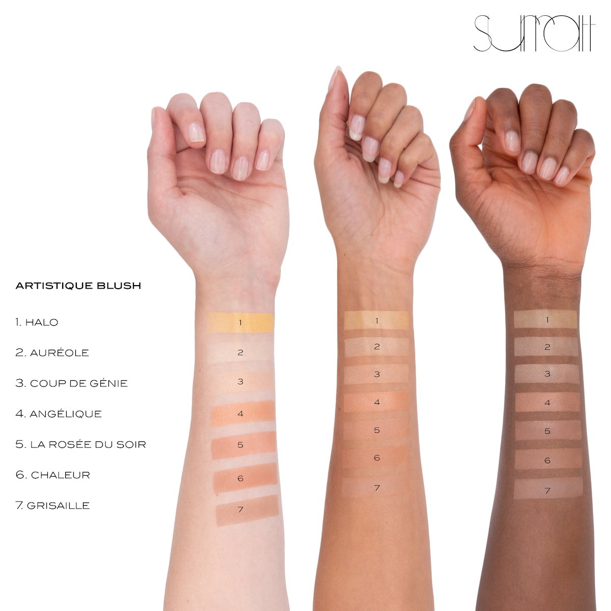 ALLVAR - powder blush, highlight and contour swatches on various skin tones shade grouping 1