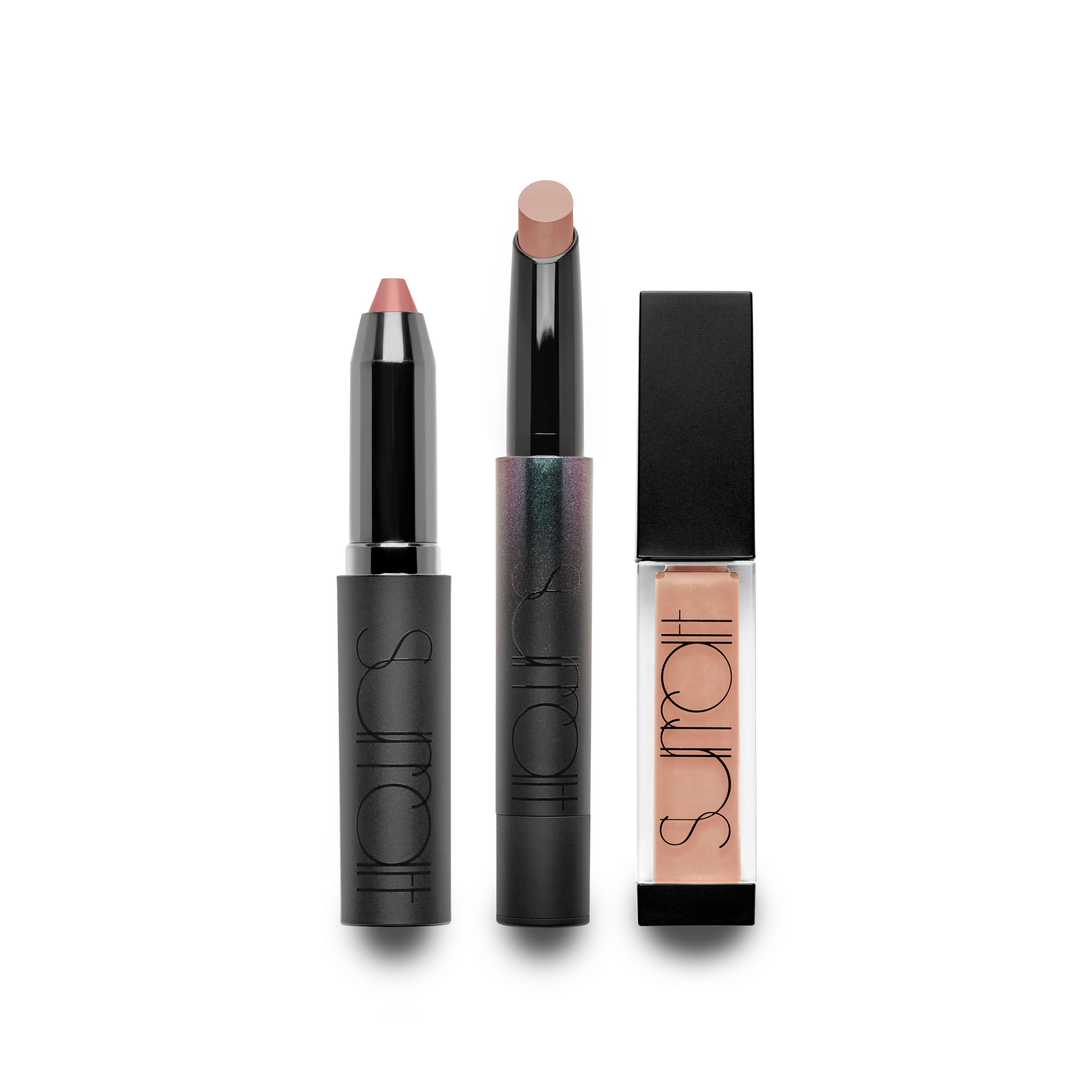 Les Nus - Automatique Lip Crayon in matte rosy taupe shade, Lipslique in peachy beige shade, Lip Lustre in peachy gold shade.